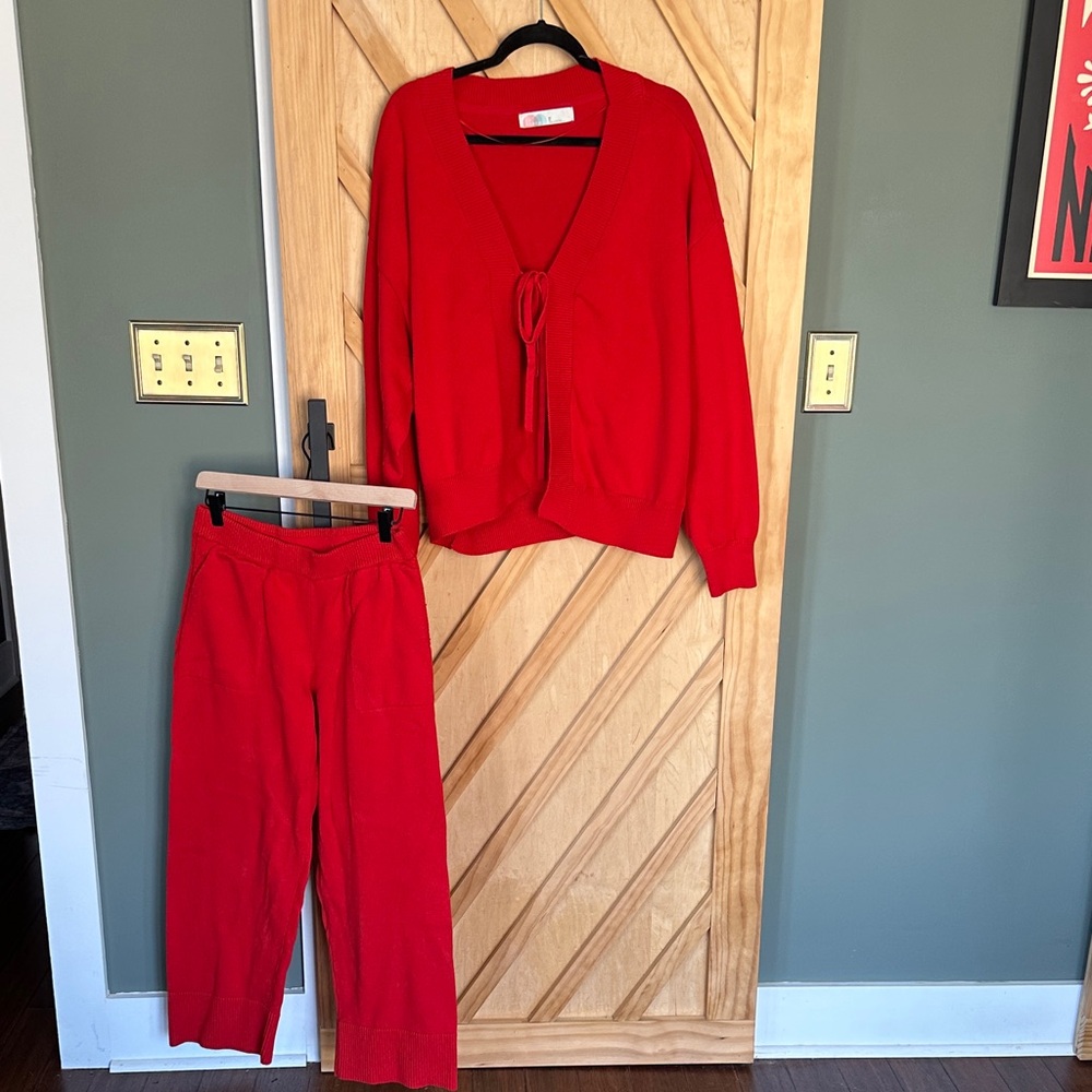 Red Women's Knit Cardigan and Wide-Leg Pants Set